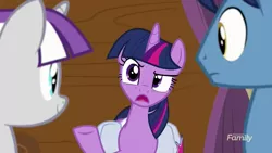 Size: 1280x720 | Tagged: safe, derpibooru import, screencap, night light, twilight sparkle, twilight sparkle (alicorn), twilight velvet, alicorn, pony, once upon a zeppelin, father and daughter, female, male, mother and daughter, raised eyebrow, raised hoof, saddle bag