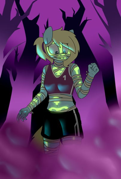Size: 2167x3209 | Tagged: safe, alternate version, artist:victoreach, derpibooru import, oc, oc:honey wound, unofficial characters only, anthro, disguise, glow, halloween, holiday, mummy, nightmare night, solo