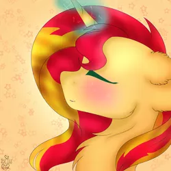 Size: 3000x3000 | Tagged: artist:emerald-bliss, blushing, bust, derpibooru import, eyes closed, high res, magic, portrait, safe, solo, sunset shimmer