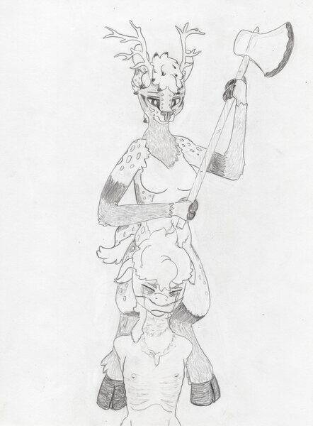 Size: 2898x3938 | Tagged: anthro, artist:andandampersand, axe, breasts, cleave gag, crying, deer, derpibooru import, execution, furry, gag, grayscale, imminent death, monochrome, oc, oc:false promise, oc:sandy quinn, out of character, safe, traditional art, unguligrade anthro, unofficial characters only, weapon, wip