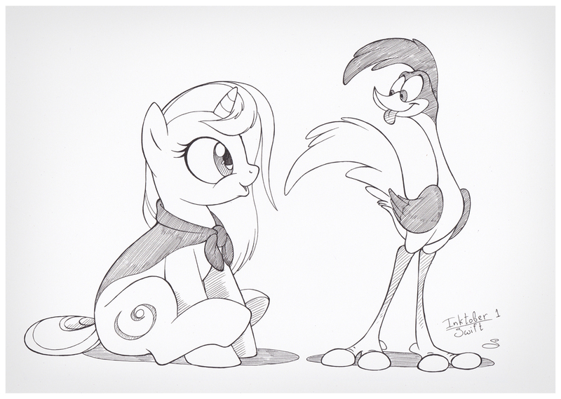 Size: 1188x845 | Tagged: safe, artist:sherwoodwhisper, derpibooru import, oc, oc:eri, unofficial characters only, pony, roadrunner, unicorn, crossover, female, filly, grayscale, inktober, inktober 2017, monochrome, open mouth, tongue out, warner brothers