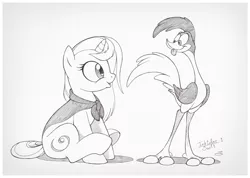 Size: 1188x845 | Tagged: safe, artist:sherwoodwhisper, derpibooru import, oc, oc:eri, unofficial characters only, pony, roadrunner, unicorn, crossover, female, filly, grayscale, inktober, inktober 2017, monochrome, open mouth, tongue out, warner brothers