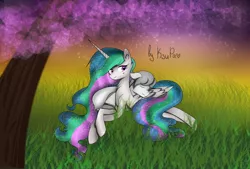 Size: 2560x1732 | Tagged: safe, derpibooru import, princess celestia, oc, oc:light knight, alicorn, pegasus, pony, canon x oc, grass, lightestia, shipping, tree