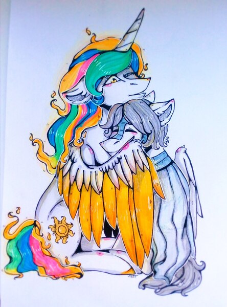 Size: 947x1280 | Tagged: safe, derpibooru import, daybreaker, princess celestia, oc, oc:light knight, alicorn, pegasus, pony, canon x oc, hug, lightestia, traditional art, winghug