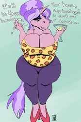 Size: 1920x2880 | Tagged: suggestive, artist:savagelyrandom, derpibooru import, cookie crumbles, anthro, plantigrade anthro, unicorn, alcohol, art trade, bbw, big breasts, breasts, busty cookie crumbles, chubby, clothes, cuckolding, drink, fat, female, high heels, implied infidelity, mare, milf, shoes, smiling, smoking, solo, solo female, text