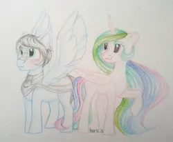 Size: 1783x1466 | Tagged: safe, derpibooru import, princess celestia, oc, oc:light knight, alicorn, pegasus, pony, canon x oc, lightestia, traditional art