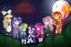 Size: 2103x1388 | Tagged: semi-grimdark, artist:vixelzf, derpibooru import, applejack, fluttershy, pinkie pie, rainbow dash, rarity, sunset shimmer, twilight sparkle, twilight sparkle (alicorn), bat pony, vampire, zombie, equestria girls, 2015, blood, breasts, clothes, costume, devil, flutterbat, full moon, goggles, group, halloween, happy halloween, holiday, horns, humane five, humane seven, humane six, kirisame marisa, leotard, maid, moon, night, night sky, pinkamena diane pie, psychopath, race swap, raricat, scar, scientist, scrunchy face, skirt, sky, stars, theme, touhou, trident, updated, witch