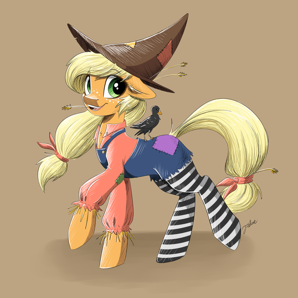 Size: 4093x4093 | Tagged: safe, artist:faline-art, derpibooru import, applejack, bird, earth pony, pony, absurd resolution, blackbird, clothes, costume, female, hat, mare, nightmare night, nightmare night costume, scarecrow, socks, solo, straw, striped socks