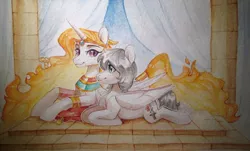 Size: 1280x771 | Tagged: artist needed, derpibooru import, egypt, egyptian, egyptian pony, lightestia, nightmare star, oc, oc:light knight, princess celestia, safe, traditional art