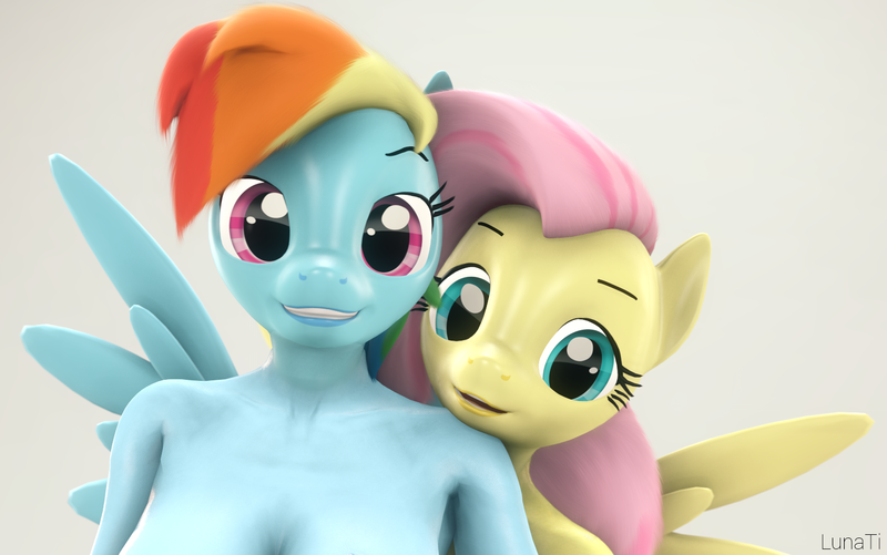 Size: 1542x966 | Tagged: suggestive, artist:lunati, deleted from derpibooru, derpibooru import, fluttershy, rainbow dash, anthro, pegasus, 3d, breasts, cleavage, explicit source, female, flutterdash, happy, implied nudity, lesbian, looking at you, mane, nudity, shipping, simple background, smiling, source filmmaker, wings