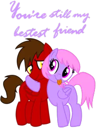 Size: 1200x1600 | Tagged: safe, artist:toyminator900, derpibooru import, oc, oc:chip, oc:melody notes, unofficial characters only, pegasus, pony, duo, hug, simple background, tongue out, transparent background