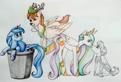 Size: 1943x1322 | Tagged: safe, artist:haru_s, derpibooru import, princess celestia, princess luna, oc, oc:king mirael, oc:light knight, alicorn, pegasus, pony, armor, female, lightestia, male, mare, miraestia, miruna, one eye closed, shipping, stallion, straight, traditional art, trash can, wink