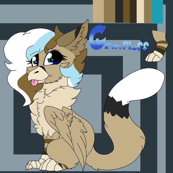 Size: 2560x2560 | Tagged: safe, artist:brokensilence, derpibooru import, oc, oc:grimfluff, unofficial characters only, gryphon, :p, abstract background, cheek fluff, chest fluff, cute, ear fluff, eyeshadow, female, freckles, griffonsona, heart eyes, looking at you, makeup, paws, reference sheet, silly, sitting, smiling, solo, talons, tongue out, wing fluff, wingding eyes