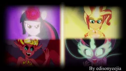 Size: 1920x1080 | Tagged: safe, artist:edisonyeejia, derpibooru import, edit, edited screencap, screencap, sci-twi, sunset shimmer, twilight sparkle, equestria girls, equestria girls (movie), friendship games, black background, comparison, contrast, daydream shimmer, equestria's monster girls, midnight sparkle, midnightsatan, open mouth, simple background, sunset satan, transformation