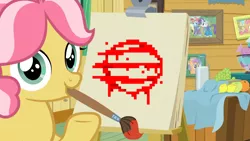 Size: 1024x576 | Tagged: safe, derpibooru import, edit, edited screencap, screencap, kettle corn, earth pony, pony, marks and recreation, 50 blessings, female, filly, hotline miami, kettle draws, mouth hold, solo