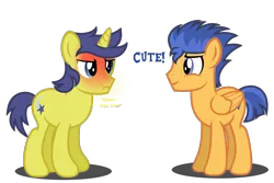 Size: 2126x1417 | Tagged: safe, artist:stellardusk, derpibooru import, comet tail, flash sentry, pegasus, pony, unicorn, alternate hairstyle, blushing, cometsentry, crack shipping, flashtail, gay, male, shipping, simple background, transparent background, vector