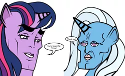 Size: 859x527 | Tagged: safe, artist:dekomaru, derpibooru import, edit, trixie, twilight sparkle, faic, female, handsome face, handsome squidward, lesbian, majestic as fuck, meme, shipping, spongebob squarepants, the two faces of squidward, twixie, wat