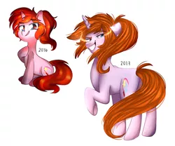 Size: 1024x850 | Tagged: safe, artist:slasharu, derpibooru import, oc, oc:artistry star, unofficial characters only, pony, unicorn, art evolution, female, mare, raised hoof, redraw, simple background, solo, white background