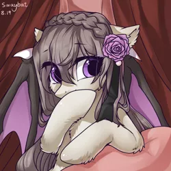 Size: 1000x1000 | Tagged: safe, artist:swaybat, derpibooru import, oc, unofficial characters only, bat pony, pony, bat pony oc, bat wings, bust, cheek fluff, chest fluff, colored wings, covering mouth, digital art, ear fluff, eye clipping through hair, female, floppy ears, flower, flower in hair, happy, leg fluff, mare, signature, solo, spread wings, wing claws, wings