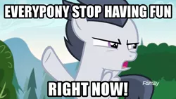 Size: 960x540 | Tagged: safe, derpibooru import, edit, edited screencap, screencap, rumble, pegasus, pony, marks and recreation, colt, discovery family logo, frown, glare, image macro, male, meme, no fun allowed, open mouth, raised hoof, solo