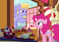 Size: 1513x1080 | Tagged: cloud kicker, cropped, cupcake, derpibooru import, edit, edited screencap, food, make new friends but keep discord, pinkie pie, safe, screencap, sugarcube corner, text