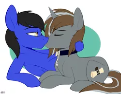 Size: 2307x1777 | Tagged: safe, artist:higgly-chan, derpibooru import, oc, oc:argentum, oc:tony, unofficial characters only, pegasus, pony, unicorn, collar, eyes closed, gay, kissing, lying down, male, on back, prone