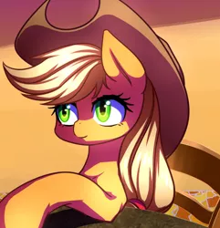 Size: 1520x1580 | Tagged: safe, artist:tangankittentail, derpibooru import, applejack, earth pony, pony, chair, cowboy hat, female, hat, mare, sitting, solo