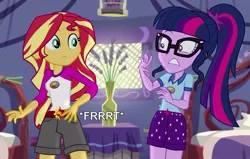 Size: 862x547 | Tagged: safe, artist:thedarkpony, derpibooru import, edit, edited screencap, screencap, sci-twi, sunset shimmer, twilight sparkle, equestria girls, legend of everfree, camp everfree outfits, clothes, fart, fart noise, female, onomatopoeia, ponytail, shorts, sound effects