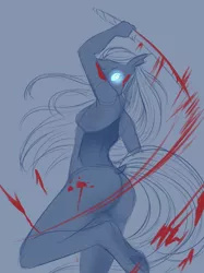 Size: 636x850 | Tagged: anthro, anthro oc, artist:askbubblelee, ass, blood, breasts, butt, changeling, changeling oc, changeling queen, changeling queen oc, derpibooru import, female, glowing eyes, looking at you, oc, oc:imago, semi-grimdark, simple background, sketch, solo, suggestive, sword, unguligrade anthro, unofficial characters only, weapon