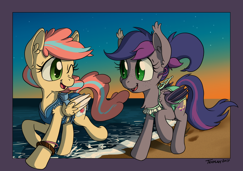 Size: 1140x805 | Tagged: safe, artist:tehflah, derpibooru import, oc, oc:fizzy dip, oc:midnight melody, unofficial characters only, bat pony, pegasus, pony, beach, bikini, clothes, one-piece swimsuit, smiling, swimsuit