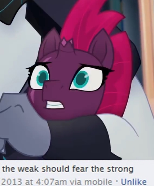 Size: 783x945 | Tagged: derpibooru import, edit, hug, meme, my little pony: the movie, out of context, safe, storm king, tempest shadow, the weak should fear the strong