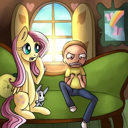 Size: 2880x2880 | Tagged: safe, artist:lamentedmusings, derpibooru import, angel bunny, fluttershy, pony, crossover, furniture, gritted teeth, morty smith, rick and morty, sitting