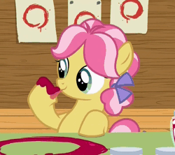 Size: 808x718 | Tagged: safe, derpibooru import, screencap, kettle corn, earth pony, pony, marks and recreation, animated, bow, circle, circle painting, cute, cuteness overload, cutie mark day camp, diabetes, female, filly, foal, food, gif, hair bow, hnnng, hoof licking, hooves, jam, jar, kettlebetes, licking, painting, raised hoof, solo, strawberry jam, tongue out