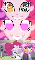 Size: 1280x2160 | Tagged: safe, artist:alphamonouryuuken, artist:mandash1996, derpibooru import, edit, edited screencap, editor:secrettitan, screencap, pinkie pie, rumble, scootaloo, pegasus, pony, coinky-dink world, eqg summertime shorts, equestria girls, marks and recreation, blushing, cherry blossoms, colt, discovery family logo, exploitable meme, female, flower, flower blossom, heart eyes, male, meme, pinkie the shipper, pinkie's eyes, rumbloo, shipper on deck, shipping, straight, sunglasses, wingding eyes