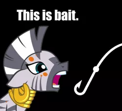 Size: 663x599 | Tagged: a health of information, artist:trini-mite, bait, black background, derpibooru import, female, reaction image, safe, simple background, solo, swamp fever, this is bait, zebra, zecora