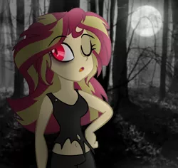 Size: 724x684 | Tagged: safe, artist:wubcakeva, derpibooru import, sunset shimmer, vampire, equestria girls, belly button, clothes, forest, full moon, looking back, moon, night, one eye closed, red eyes, solo, tanktop, tree, vampirism