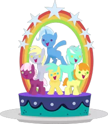 Size: 9251x10625 | Tagged: safe, artist:punzil504, derpibooru import, carrot top, cheerilee, derpy hooves, golden harvest, lyra heartstrings, sunshower raindrops, trixie, earth pony, pegasus, pony, unicorn, absurd resolution, cake, cheeribetes, cute, cutie top, derpabetes, dessert, diatrixes, female, food, hoof in air, looking at you, lunaverse, lyrabetes, mare, open mouth, plate, rainbow, shadow, simple background, smiling, smiling at you, standing, stars, transparent background