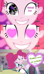 Size: 607x1024 | Tagged: safe, derpibooru import, edit, edited screencap, screencap, king sombra, pinkie pie, coinky-dink world, eqg summertime shorts, equestria girls, comic, discovery family logo, exploitable meme, heart eyes, meme, pinkie's eyes, shipper pie, vulgar, wingding eyes