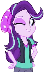 Size: 357x582 | Tagged: safe, artist:thebar, derpibooru import, starlight glimmer, equestria girls, mirror magic, spoiler:eqg specials, beanie, clothes, cute, female, glimmerbetes, hand on hip, hat, one eye closed, simple background, smiling, solo, transparent background, vector, vest, wink