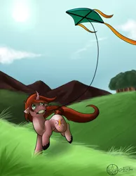 Size: 1161x1500 | Tagged: safe, artist:aeritus, derpibooru import, oc, unofficial characters only, pony, unicorn, curved horn, kite, mouth hold, running, solo