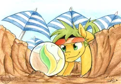 Size: 1500x1046 | Tagged: safe, artist:aeritus, derpibooru import, oc, oc:flashing marble, unofficial characters only, pony, beach, marble, smiling, solo, traditional art