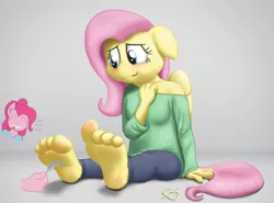 Size: 2700x2000 | Tagged: anthro, artist:facelesssoles, breasts, clothes, derpibooru import, duo, feather, feet, fetish, floppy ears, fluttershy, foot fetish, foot focus, looking away, pinkie pie, plantigrade anthro, sitting, suggestive, tickle fetish, tickling