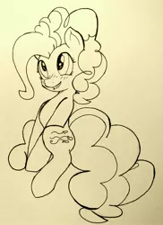 Size: 2844x3911 | Tagged: artist:mang, derpibooru import, inktober, lip bite, monochrome, pinkie pie, safe, solo