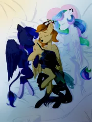 Size: 1620x2160 | Tagged: artist needed, safe, derpibooru import, princess celestia, princess luna, queen chrysalis, oc, oc:king mirael, alicorn, changeling, pony, clothes, miraestia, miruna, panties, sleeping, socks, underwear