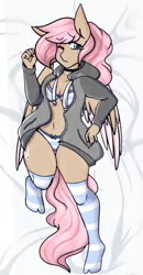 Size: 421x810 | Tagged: anthro, artist:mimisaurusrex, belly button, body pillow, body pillow design, bra, breasts, choker, clothes, colored wings, colored wingtips, derpibooru import, embarrassed, female, hoodie, lying down, mare, oc, oc:mimi bun, on back, one eye closed, panties, pegasus, plantigrade anthro, ponytail, ribbon, socks, solo, solo female, striped socks, striped underwear, suggestive, underwear, unofficial characters only