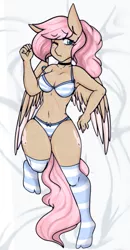 Size: 421x810 | Tagged: alternate version, anthro, artist:mimisaurusrex, bedsheets, belly button, body pillow, body pillow design, bra, breasts, choker, clothes, colored wings, colored wingtips, derpibooru import, embarrassed, female, knee high socks, lying down, mare, oc, oc:mimi bun, on back, one eye closed, panties, pegasus, plantigrade anthro, ponytail, ribbon, socks, solo, solo female, striped socks, striped underwear, suggestive, underwear, unofficial characters only