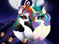 Size: 960x720 | Tagged: alicorn, artist:owocrystalcatowo, black sclera, cousins, derpibooru import, female, halloween, holiday, jack-o-lantern, mare, moon, nightmare night, oc, oc:shy heart, oc:sweet heart, offspring, parent:king sombra, parent:oc:crystal heart, parent:pound cake, parent:princess flurry heart, parents:poundflurry, pumpkin, safe, unofficial characters only