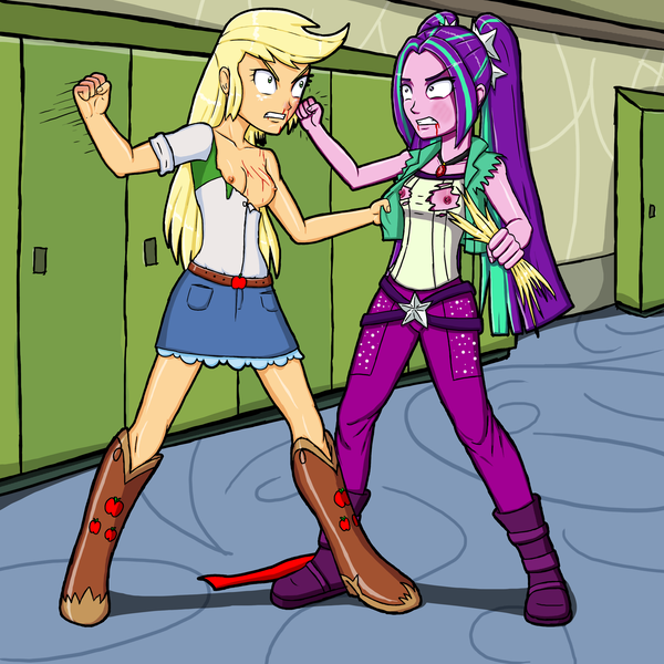 Size: 3000x3000 | Tagged: questionable, semi-grimdark, artist:artemis-polara, derpibooru import, applejack, aria blaze, equestria girls, rainbow rocks, abuse, assisted exposure, black eye, bleeding, blood, boots, breasts, bruised, canterlot high, catfight, clothes, commission, cowboy boots, fight, hair, hallway, jackabuse, lockers, nipples, nudity, out of character, scratches, torn clothes, violence