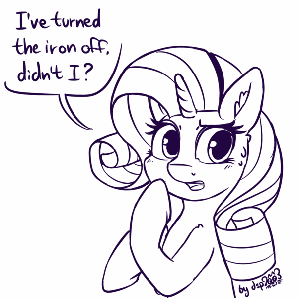 Size: 1280x1280 | Tagged: safe, artist:dsp2003, derpibooru import, rarity, pony, unicorn, comic, female, inktober, mare, monochrome, single panel, sketch, solo, sweat, sweatdrop