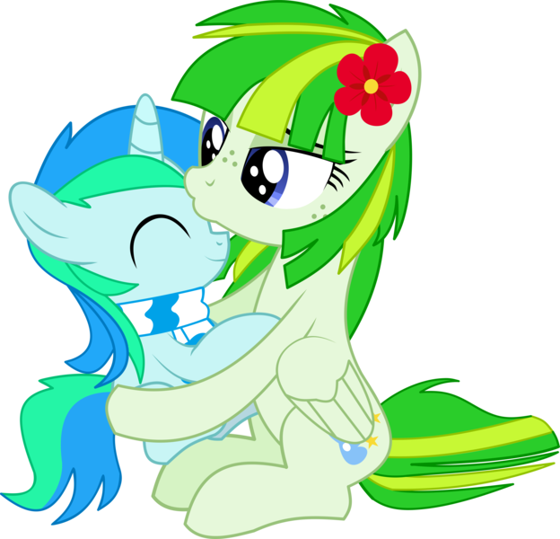 Size: 6321x6075 | Tagged: safe, artist:cyanlightning, derpibooru import, oc, oc:cyan lightning, oc:green lightning, unofficial characters only, pegasus, pony, unicorn, .svg available, absurd resolution, clothes, colt, eyes closed, female, freckles, holding a pony, hug, kissing, male, mare, mother and son, scarf, simple background, transparent background, vector